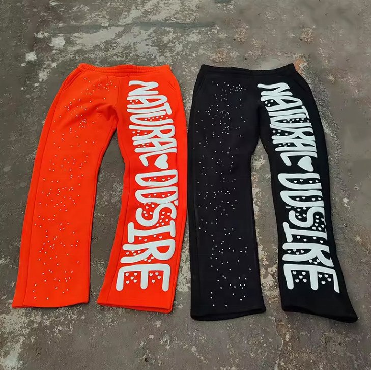 Custom Rhinestone Puff Print Sweat Pants Joggers Vintage Acid Wash Flared Sweatpants Men - Image 3