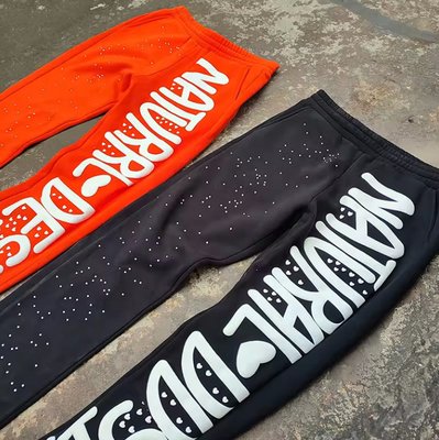 Custom Rhinestone Puff Print Sweat Pants Joggers Vintage Acid Wash Flared Sweatpants Men - Image 4