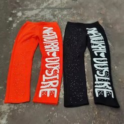 Custom Rhinestone Puff Print Sweat Pants Joggers Vintage Acid Wash Flared Sweatpants Men