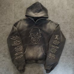 Custom Rhinestone Winter Hoodie Skull Studded Woven Brushed Screen Printed Graphic Extreme Embroidery Men MOQ10
