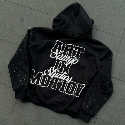 Custom rhinestone zip-up hoodie featuring embellished logo design with 450 GSM heavy-weight fabric for men's streetwear