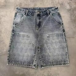 Custom Spray Washed Men Streetwear 3D Embossing Jorts Baggy Men's JHalf Short Jeans Carpenter Denim Jean Shorts