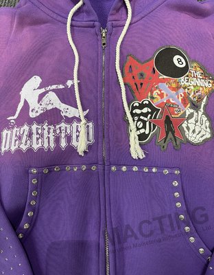 Custom Streetwear Vintage Washed Hoodies Sun Faded Patchwork Studded Rhinestone Boxy Cropped Zip up Hoodie for Men - Image 5