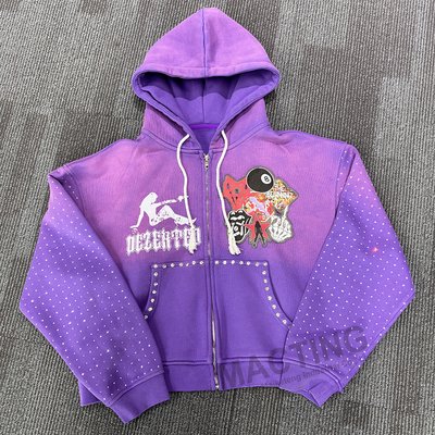 Men's vintage washed boxy cropped zip-up hoodie with studded patchwork and rhinestone embellishments on streetwear collection