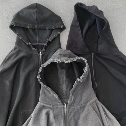 Custom Streetwear Washed Hoodies Mens Blank Black 450gsm French Terry Vintage Distressed Acid Wash Zip up Hoodie Men
