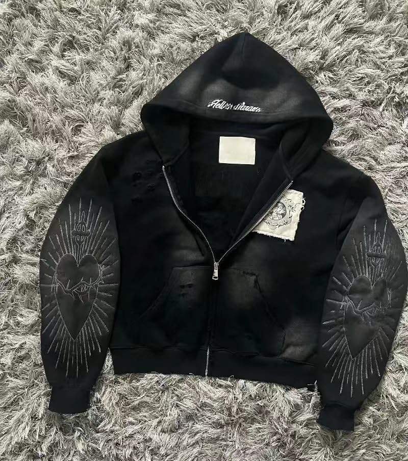 Custom Vintage Distressed Zipper-Up Hoodie Front Logo Heart Pattern Unisex Adult Oversized Street Wear Moq10 - Image 6