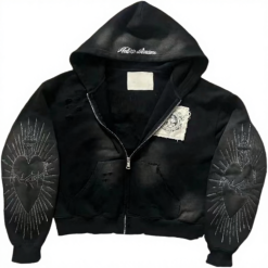 Custom vintage distressed zip-up hoodie with front logo and heart pattern in oversized unisex streetwear fit