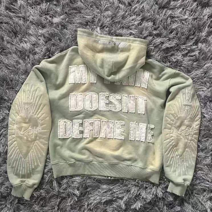 Custom Vintage Distressed Zipper-Up Hoodie Front Logo Heart Pattern Unisex Adult Oversized Street Wear Moq10 - Image 2
