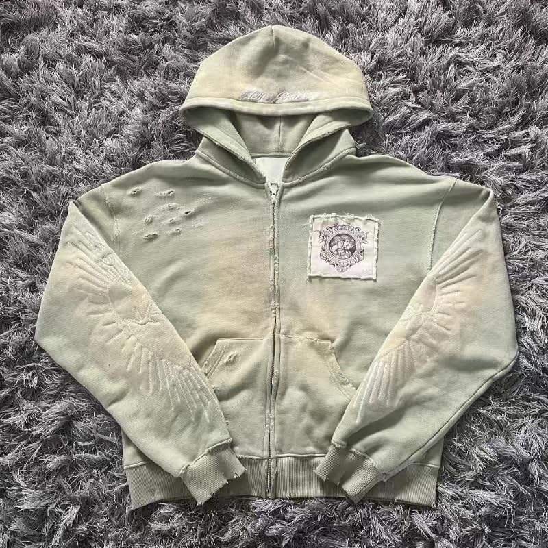 Custom Vintage Distressed Zipper-Up Hoodie Front Logo Heart Pattern Unisex Adult Oversized Street Wear Moq10 - Image 3