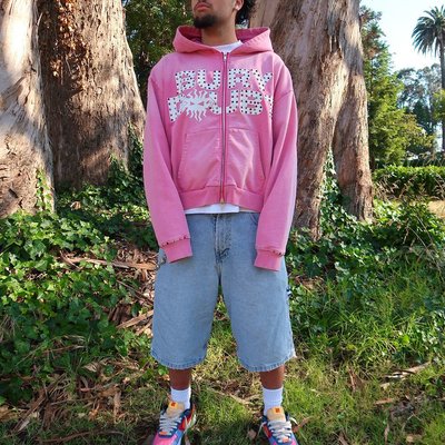 Custom Vintage Washed Fleece French Terry Heavyweight Thick Crystal Rhinestone Double Zip Up Hoodie Men - Image 5