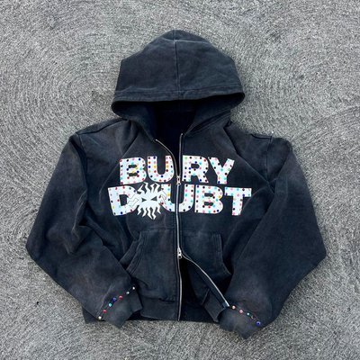 Custom Vintage Washed Fleece French Terry Heavyweight Thick Crystal Rhinestone Double Zip Up Hoodie Men - Image 3
