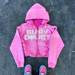 Custom Vintage Washed Fleece French Terry Heavyweight Thick Crystal Rhinestone Double Zip Up Hoodie Men
