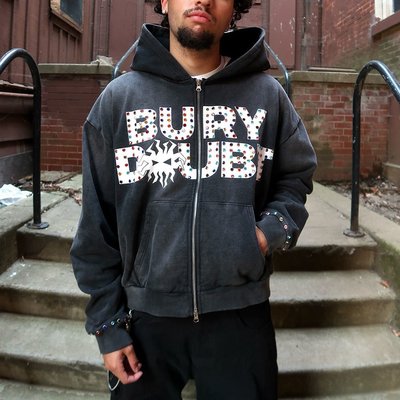 Custom Vintage Washed Fleece French Terry Heavyweight Thick Crystal Rhinestone Double Zip Up Hoodie Men - Image 2
