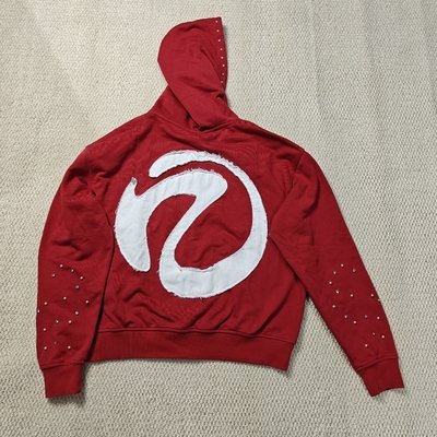 Custom Washed Red Hoodie Distressed Embroidery Cotton French Terry Gemstone Pearls Oversized Boxy Zip Up Hoodies for Men - Image 5