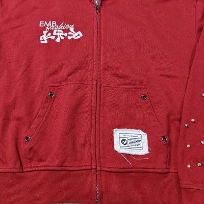 Custom Washed Red Hoodie Distressed Embroidery Cotton French Terry Gemstone Pearls Oversized Boxy Zip Up Hoodies for Men - Image 3