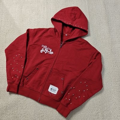 Custom Washed Red Hoodie Distressed Embroidery Cotton French Terry Gemstone Pearls Oversized Boxy Zip Up Hoodies for Men