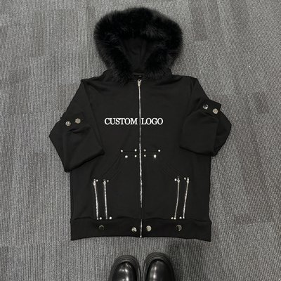 Custom Winter Fleece 100% Cotton Thick Blank Faux Fur Zipper Hoodie with Fur Hood - Image 6
