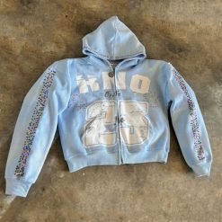 Custom Women Men Unisex 100% Cotton Heavyweight 500 Gsm Silk Screen Printing Oversize Boxy Zip up Rhinestone Hoodie