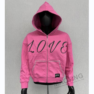 Custom Y2K oversized heavyweight cotton hoodies with silk screen printing and rhinestone boxy zip-up design for wholesale bulk orders