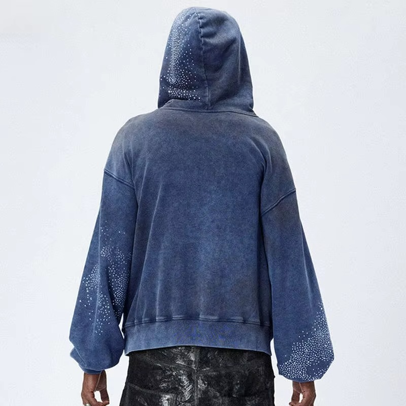 Customized Men's Heavyweight Cotton Vintage Washed Drop Shoulder Hoodie Two Way Zip up Oversized Rhinestone Hoodie for Men - Image 4