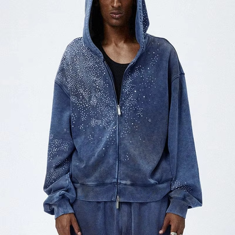 Customized Men's Heavyweight Cotton Vintage Washed Drop Shoulder Hoodie Two Way Zip up Oversized Rhinestone Hoodie for Men