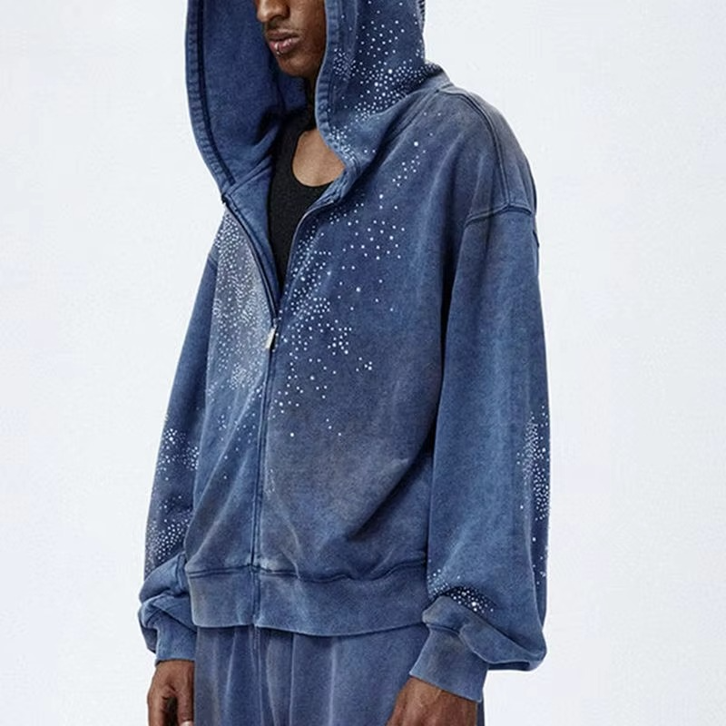 Customized Men's Heavyweight Cotton Vintage Washed Drop Shoulder Hoodie Two Way Zip up Oversized Rhinestone Hoodie for Men - Image 2