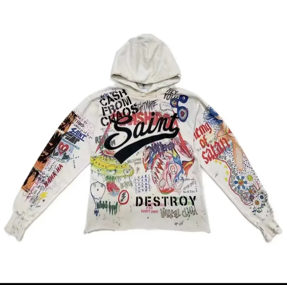 Customized Retro Street-Style Men's 100% Cotton Hoodie Heart Print Spray Stone Wash Customizable Other Crafts MOQ10 - Image 3