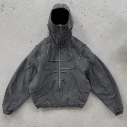 Customized Zipper Stone Washed Distressed 100% Cotton Canvas Zip Up Hoodies for Men