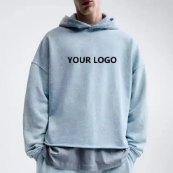 Fashion Streetwear Drop Shoulder Raw Hem Cropped Hoodies Premium 100% Cotton Vintage Acid Wash Oversize Pullover Hoodie