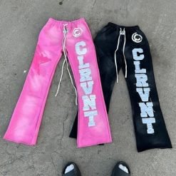 Flared Mens Sweatpants Black Oversized Cut Raw Hem Acid Wash Sunfaded Embroidery Patch