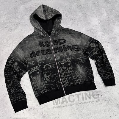 Full Print Vintage Distressed Applique Embroidery Hoodie 800 grams Fabric Weight - Image 5