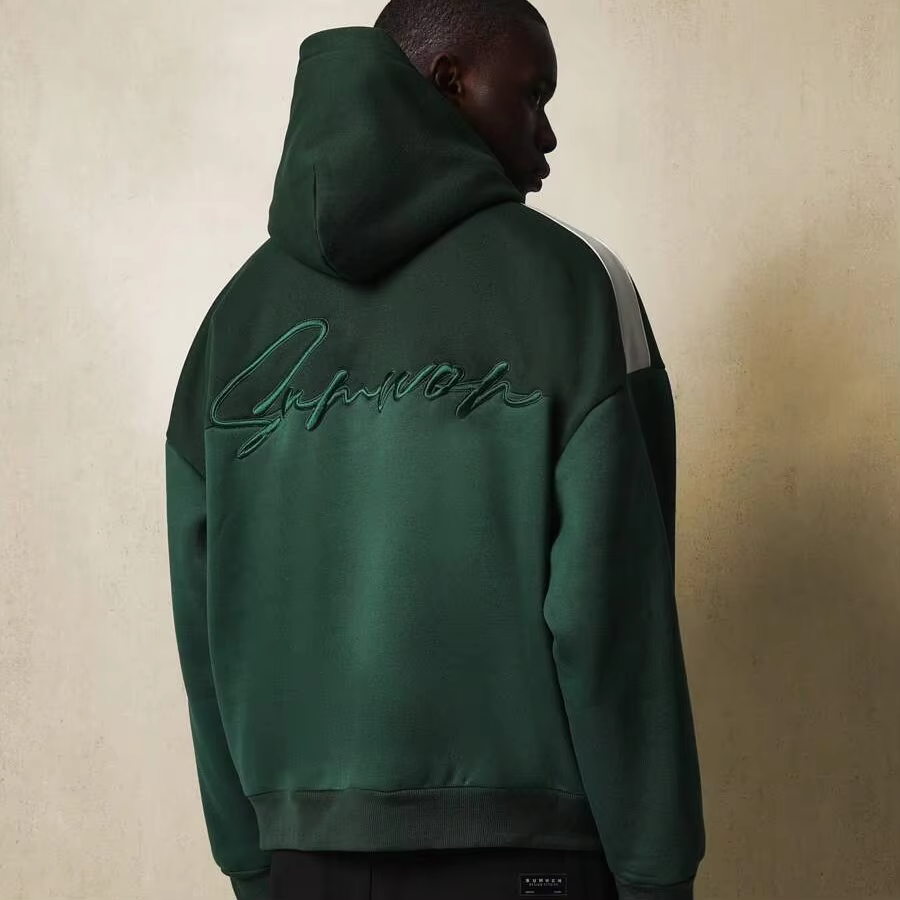 Green Terry Fleece Zip-Up Hoodie With Embroidered Letters Oversized Pullover With Hood Pocket Design Washed 3D Print for Autumn - Image 3