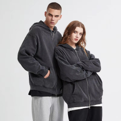 Heavyweight Black Zip up Hoodies Custom Oversized 100% Cotton Acid Washed Vintage Zip up Hoodie