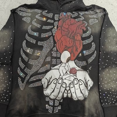 Hoodies Custom High Quality Streetwear Skeleton Skulls Graphic Pullover Vintage Acid Wash Sun Faded Rhinestone Hoodie Men - Image 5
