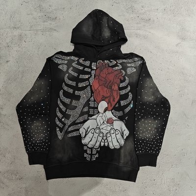 Men's custom vintage acid wash skeleton skull graphic hoodie with rhinestone embellishments and pullover design