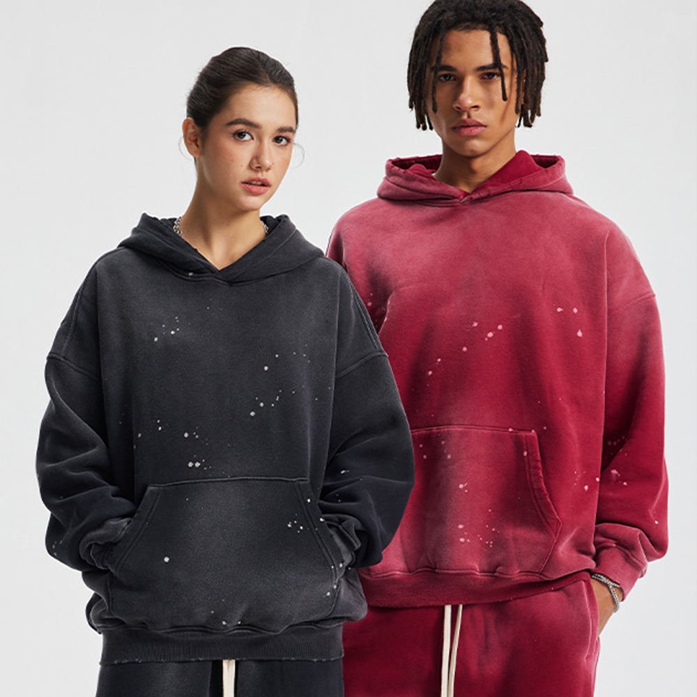 Hot Sale Men Winter Solid Retro Wash Streetwear Hoodie Loose Casual Digital Printing Fleece Distressed Spray Dyed - Image 3