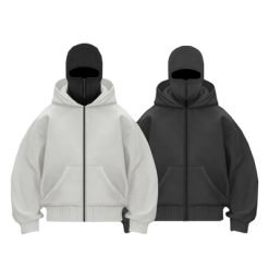 Manufacturer Heavy Cotton Patchwork Double Hood Full Zip Up Balaclava Hoodies Custom Ninja Masked Men Hoodie