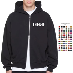 Men's 100% Cotton Custom Logo Drop Shoulder Hoodies Double Zip-up Hooded Sweatshirt Oversize Pullover Heavyweight Men Hoodie