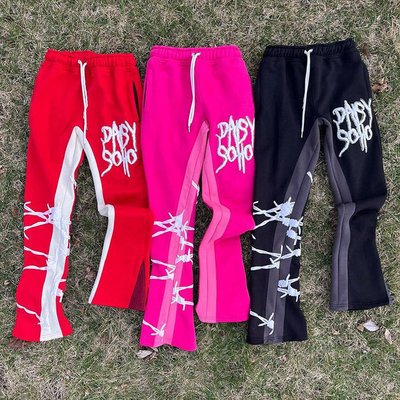 Men'S Black Flared Sweatpants Blank 3D Puff Print Casual Daily Life Acid Wash French Terry - Image 7