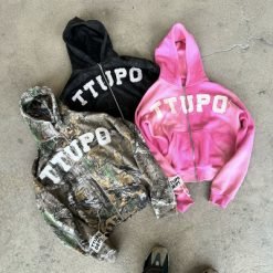 Men's Custom Zip Up Hoodie in Vintage Style with Camo Distressed Embroidery
