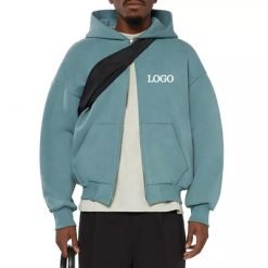 Men's Double Zipper Hoodie in Vintage Washed Style with Drop Shoulder and Cropped Design