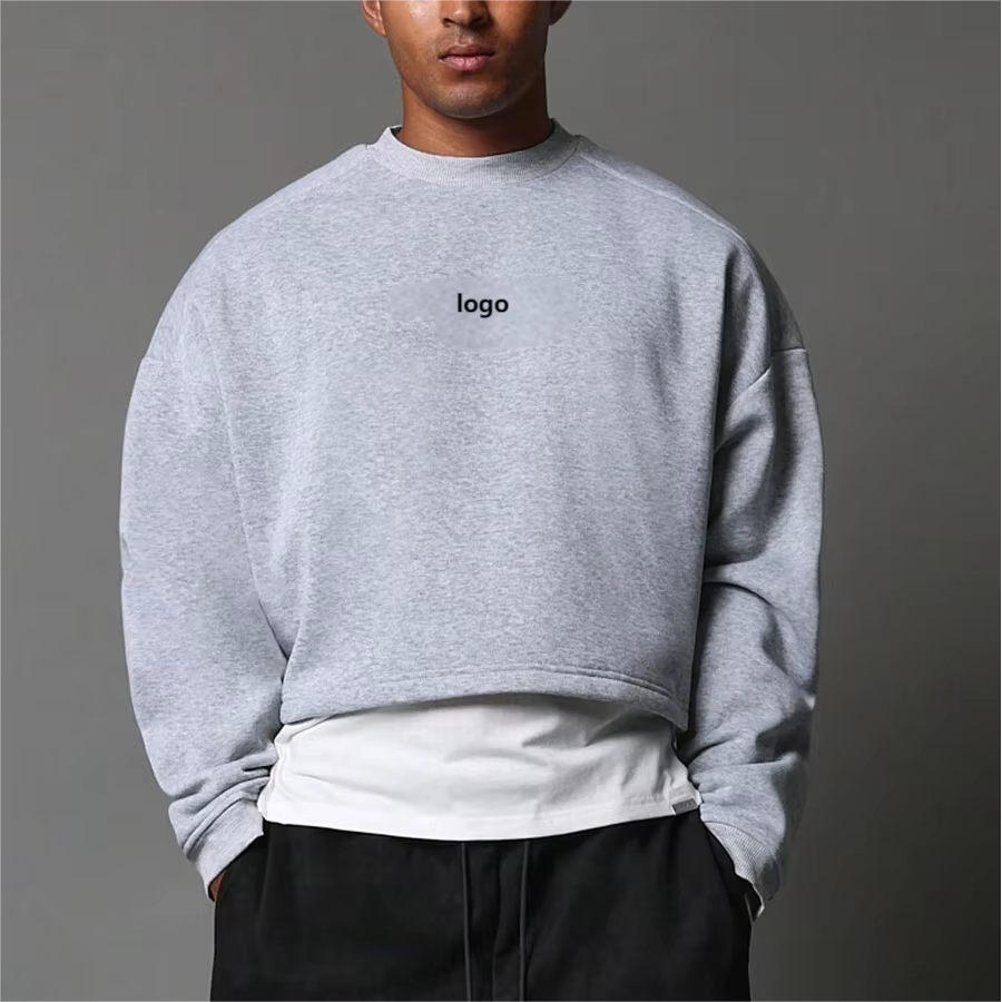 Men's High Quality 100% Cotton Casual Crop Sweatshirt Street Style Acid Washed With Embroidered Logo Puff Printing ODM 500gsm