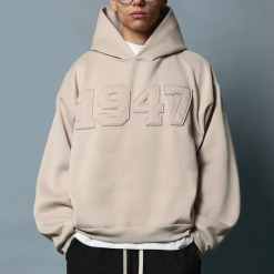 Men's High Quality Cotton Terry Hoodie Letter Embroidery Puffer Jacket Oversized Fit Pullover Hooded Embossed Pocket Autumn 3D