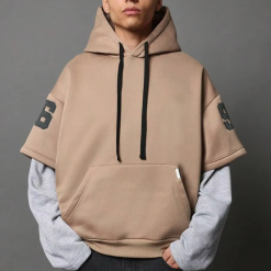 Men's Oversized Terry Pullover Hoodie Patchwork Sleeves Embossed Letter Printing Casual Spring/Autumn Outfit Puff Design Pocket