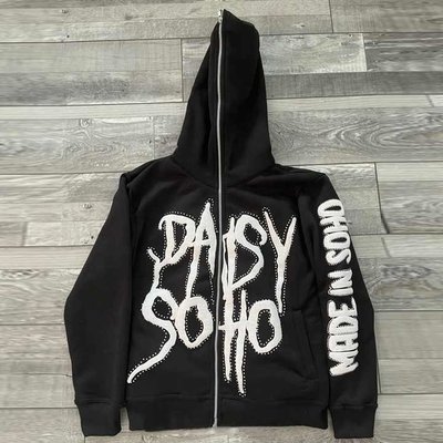 Men'S Puff Print Zip Up Hoodie Full Face Rhinestone 3d Puff Printing For Streetwear Style - Image 7