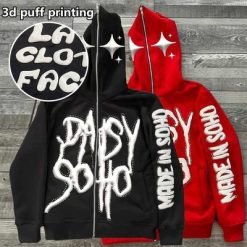 Men'S Puff Print Zip Up Hoodie Full Face Rhinestone 3d Puff Printing For Streetwear Style