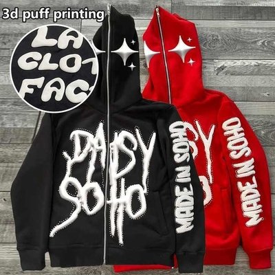 Men's puff print zip-up hoodie with full face rhinestone 3D puff printing in streetwear style
