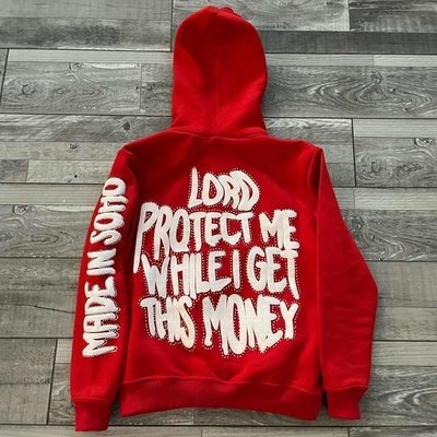 Men'S Puff Print Zip Up Hoodie Full Face Rhinestone 3d Puff Printing For Streetwear Style - Image 5