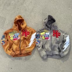 Mens Rhinestone Zip Up Hoodie 500Gsm Grey Orange Stone Acid Wash Hoodie Distressed Patch Embroidery