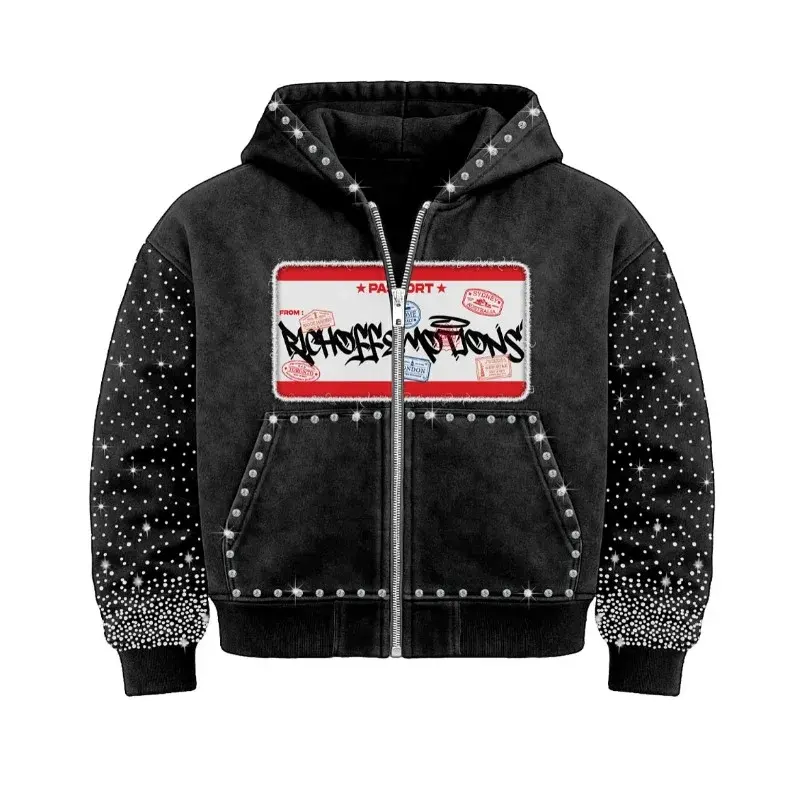 Moq10 Supplier Bling Glitter Oversized Heart Pattern Casual Boxy Cotton Faded Acid Wash Sweatshirt Men's Hoodies - Image 2